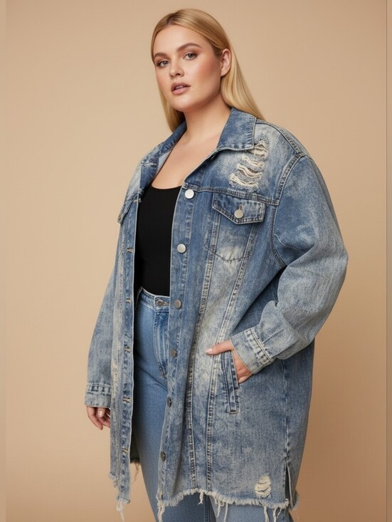 Revamped Jackets & Blazers - Revamped Light Blue Acid Wash Distressed Long Jean Jacket